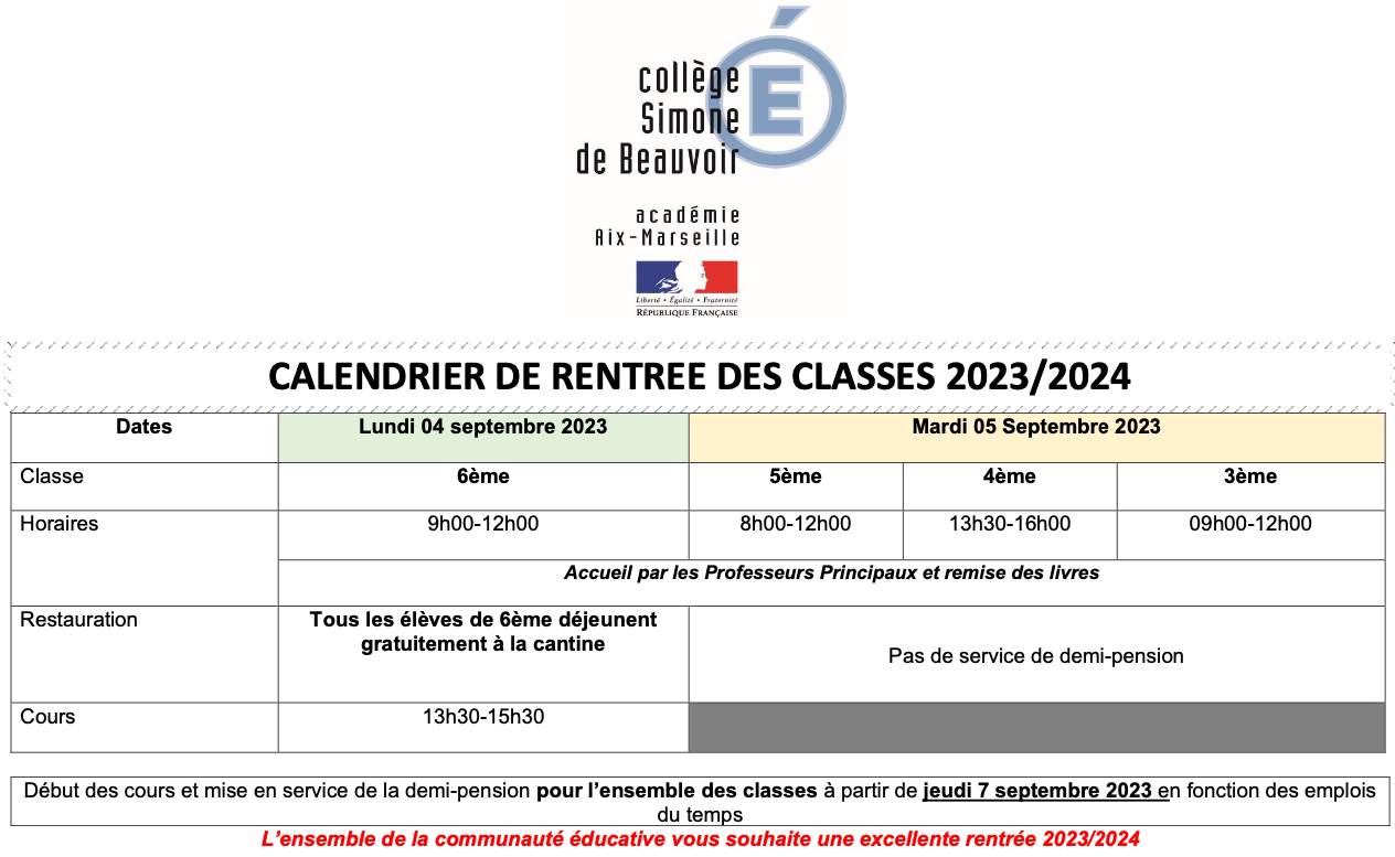 Calendrier de rentrée 2023/2024 - Collège Simone de Beauvoir