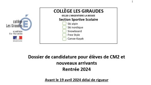 Inscription classe sportive (CM2)