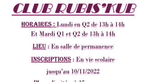 Club Rubik's club : inscription et horaires