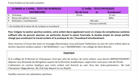 Test d'entrée Section Nordique et snowboard 2024-2025