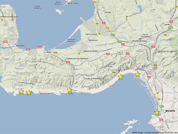 Carte de localisation des affleurements des environs de Marseille